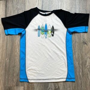 OP Ocean Pacific Boys White Blue Black Short Sleeve rash gaurd, size XL 14-16